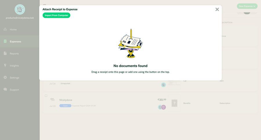 Expensify
			 modal screen sidebar navigation finance file upload document management drag and drop upload image file upload modal expense management empty state illustration modal finance sidebar blank state void blank non-ideal state empty page prompt import file file uploader upload file upload media upload documents not found page not found ui page example