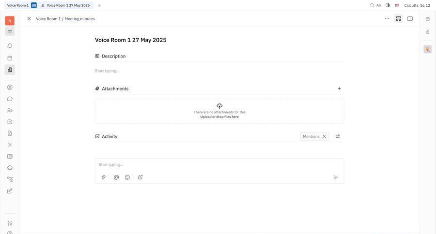 Huly
			 collaboration sidebar navigation project management grid file upload document sharing real-time collaboration full-screen layout attachment communication upload file meeting ui page example
