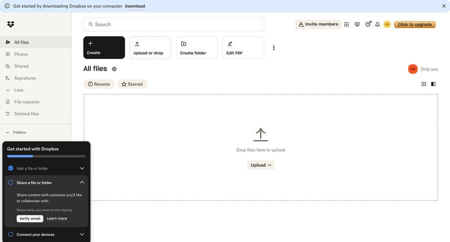 Dropbox
			 collaboration dashboard sidebar navigation account management onboarding account setup progress indicator file upload file management upload image onboarding modal file list screen document list manage links sidebar create personal space file uploader upload file upload media upload documents progress bar modern search bar accordion search menu ui page example