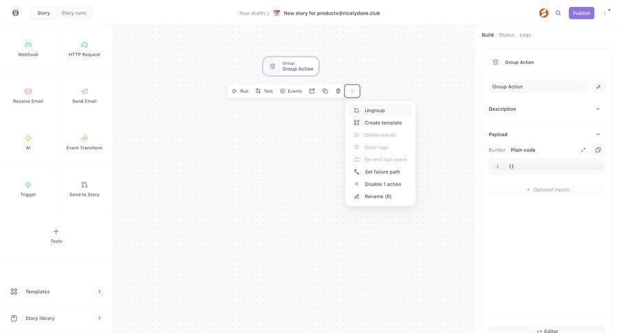 Tines
			 sidebar navigation workflow automation editor workflow builder workflow automation workflow creation modal interaction drag and drop wysiwyg sidebar create menu integration code snippet ui page example