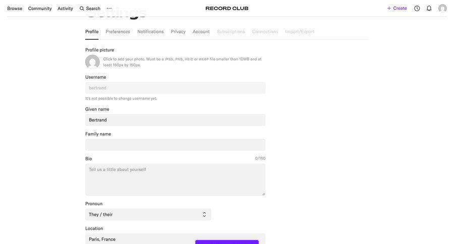 Record club
			 configuration settings account management onboarding form account setup account settings user account form layout save changes preferences parameters profile page toast notification profile creation ui page example