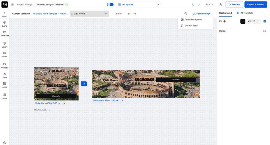 Creatopy
			 grid design export customize full-screen layout campaign management sidebar navigation bar menu ui page example
