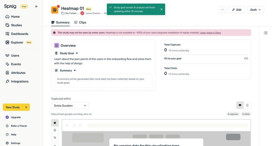 Sprig
			 user research data analysis dashboard notification dropdown filters sidebar alert message system notification push notification notification center menu data visualization modern summary ui page example