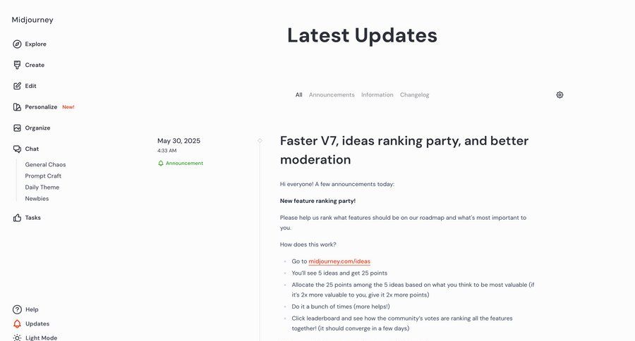 Midjourney
			 sidebar navigation artificial intelligence blog post changelog ui page example