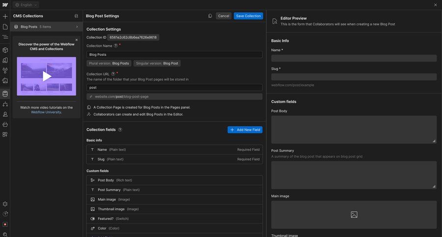 Webflow
			collection settings content management configuration settings form editor preview panel content management system rich text ui page example