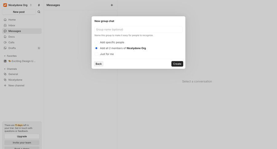 Campsite
			 collaboration sidebar navigation form upgrade modal radio group sidebar message create communication chat messages chat interface ui page example