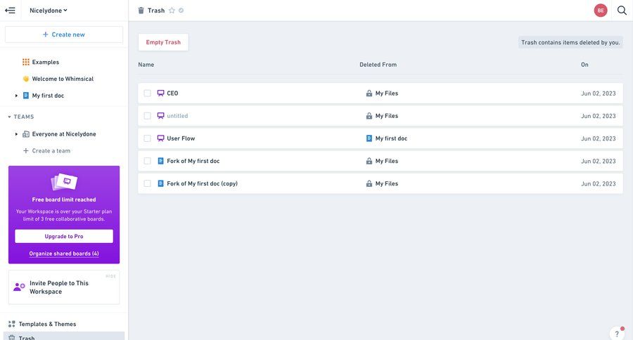 Whimsical
			list trash & archive content management collaboration sidebar navigation file management sidebar junk ui page example
