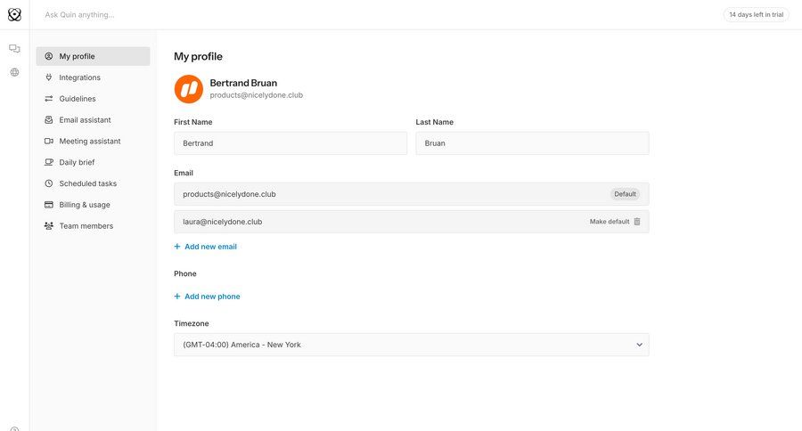 Quin
			 account settings email management user profile ui page example