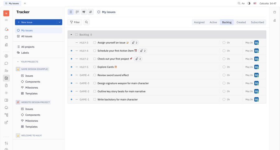 Huly
			 task management sidebar navigation project management workflow kanban board full-screen layout issue tracking sidebar ui page example