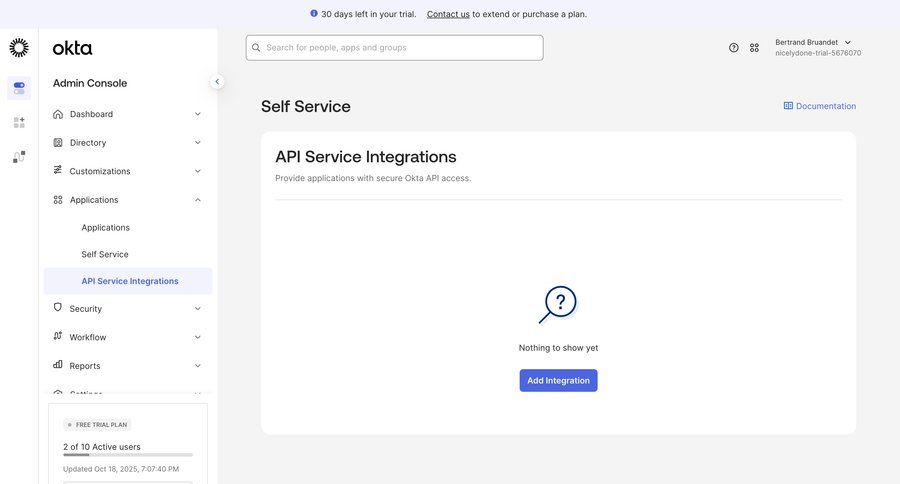 Okta
			 sidebar navigation trial banner api integrations ui page example