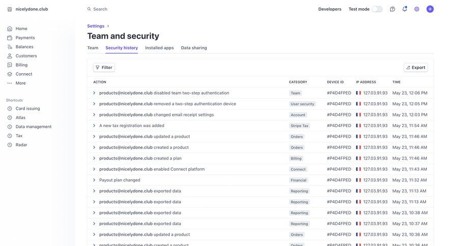 Stripe
			 sidebar settings security table sidebar navigation account management pagination fintech dropdown filters activity tracking user activity security audit payment method payment history billing history connect service ui page example