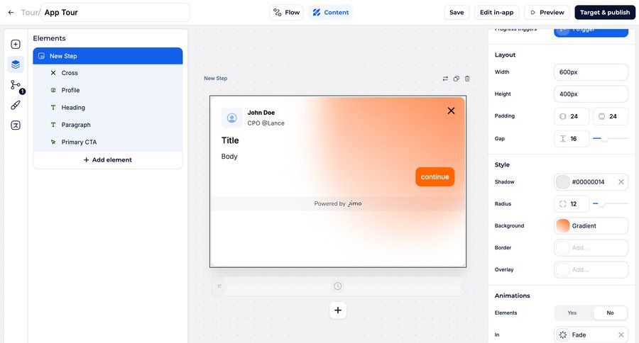 Jimo
			 onboarding form editor style customization rounded corners tutorial guide guided tour ui page example