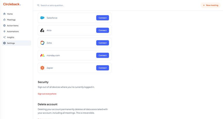 Circleback
			 configuration settings account management account deletion integration management security ui page example