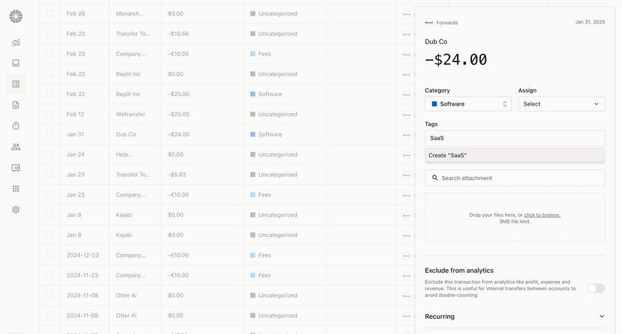 Midday
			 grid form finance file upload tagging tag management analytics ui page example