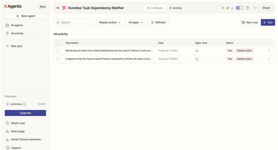 Zapier
			 task management dashboard sidebar navigation project management full-screen layout activity tracking sidebar menu monitoring integration table ui page example
