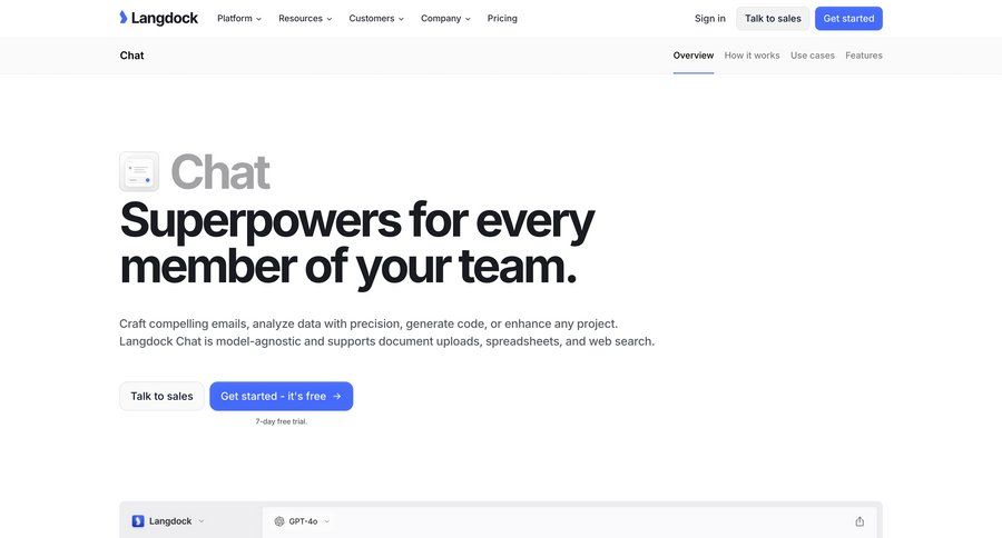 Langdock
			 upload image upload documents features importing data global search ui page example