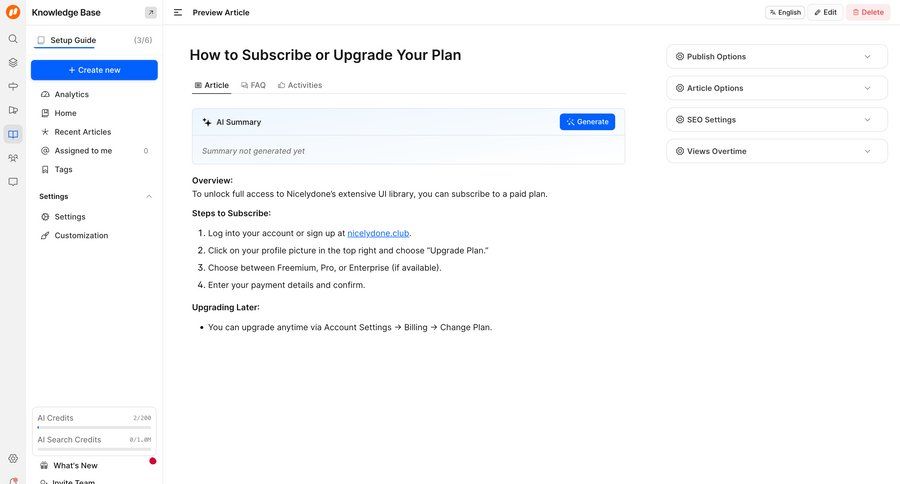 FeatureOS
			 content management settings sidebar navigation subscription management knowledge base full-screen layout knowledge management sidebar create generate article documentation ui page example