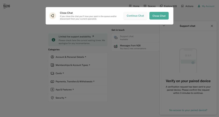 N26
			 account management fintech modal dialog account security sidebar security alert notification center chat customer support live chat ui page example