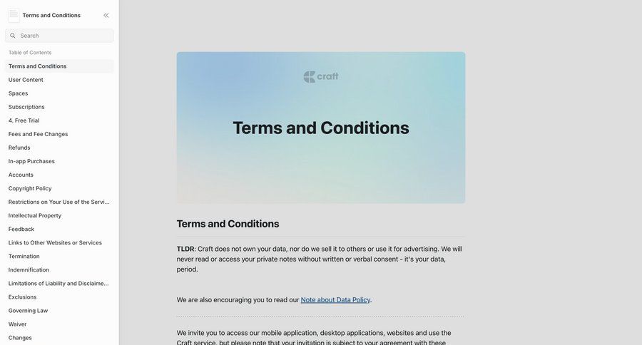 Craft
				terms & conditions ui page example