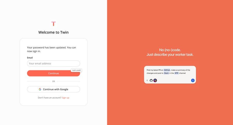Twin
			 onboarding form automation split screen authentication minimalist design login sign in integration pagination ui page example