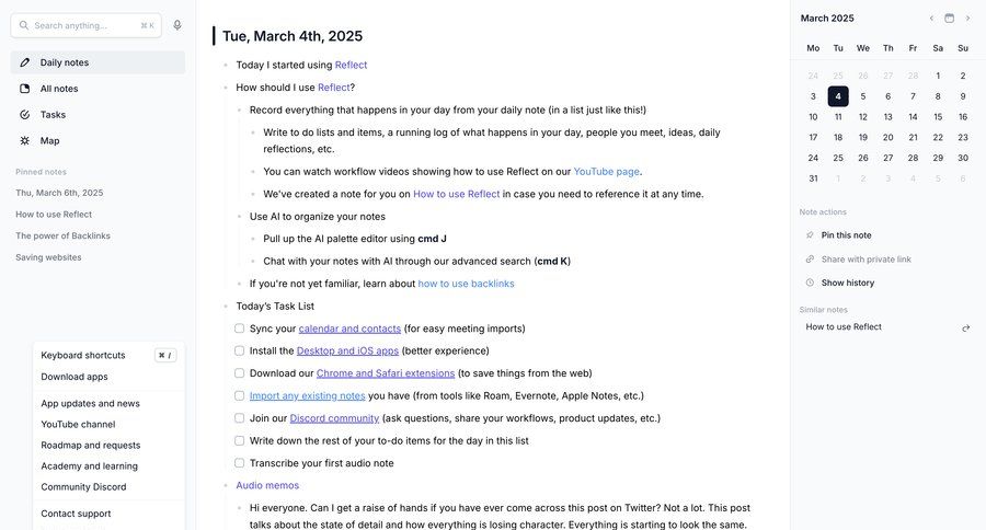 Reflect
			 task management sidebar navigation onboarding full-screen layout task completion note creation sidebar chrome extension date picker datepicker chonology time picker menu product update keyboard shortcuts time selector advanced search news feed ui page example