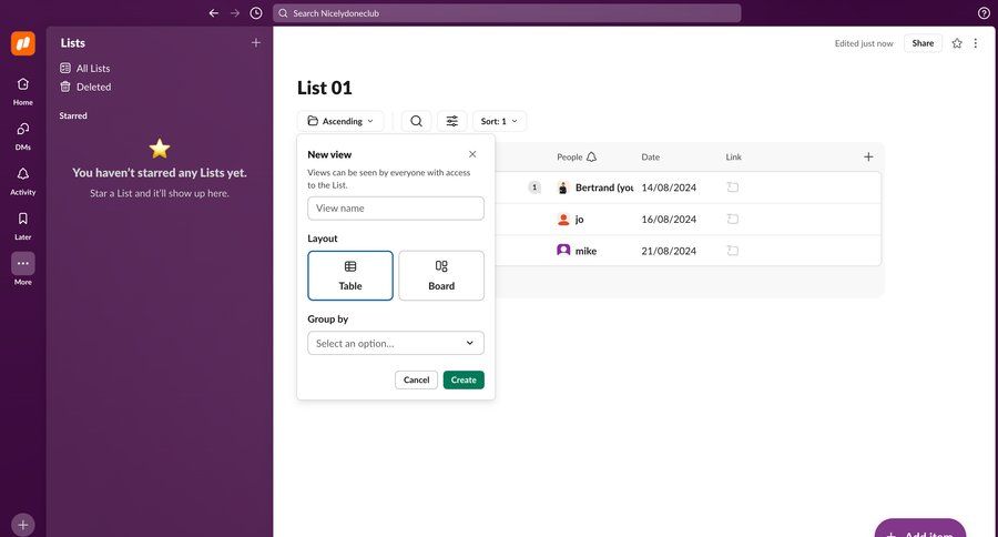 Slack
			 modal screen collaboration sidebar navigation project management list management dropdown filters sidebar menu data visualization modern table chatbot reorder option menu sharing ui page example