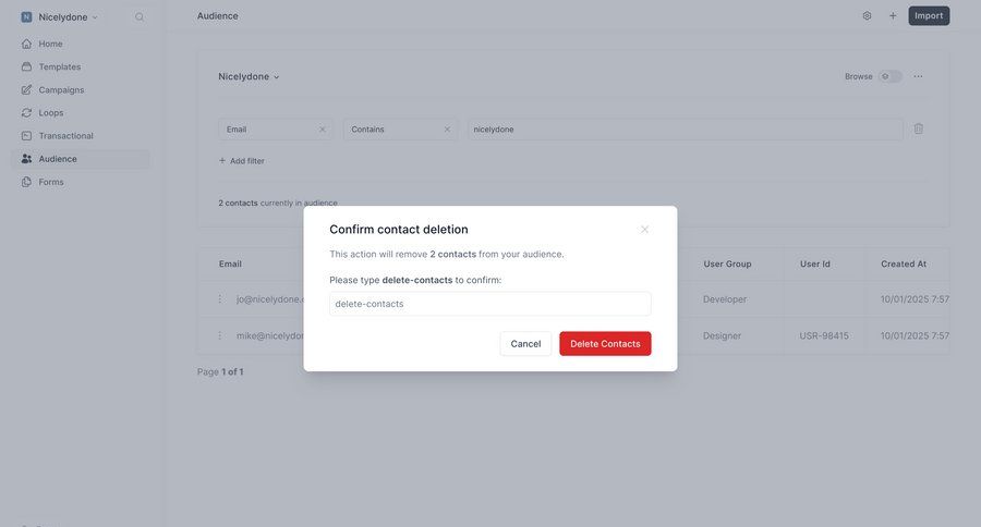Loops
			 bulk delete email marketing ui page example