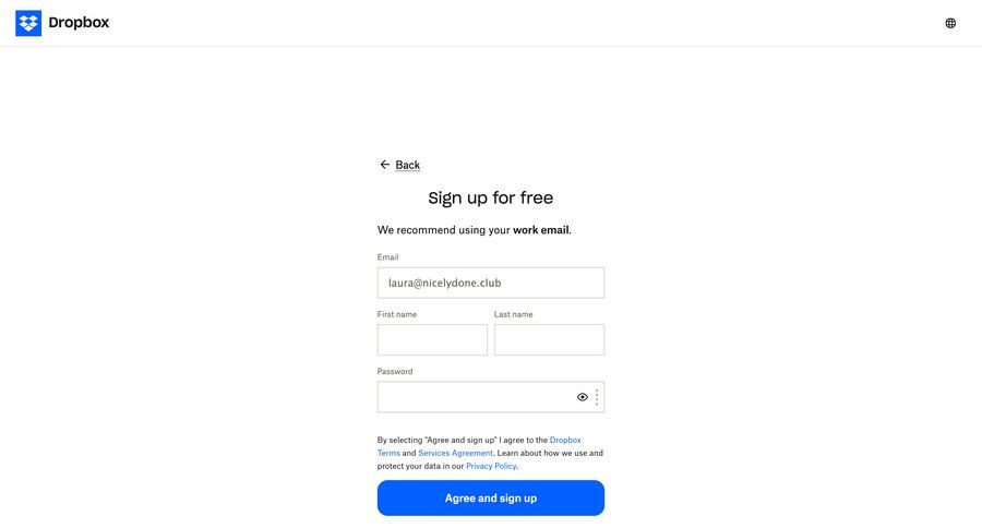 Dropbox
				signup page example