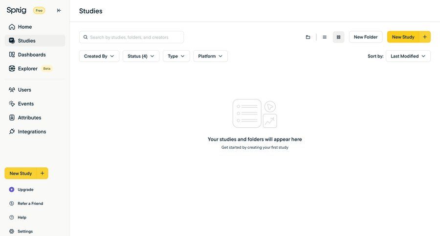 Sprig
			 user research data analysis folder management filter controls empty state message dropdown filters sidebar blank state void blank non-ideal state empty page prompt create research search bar ui page example