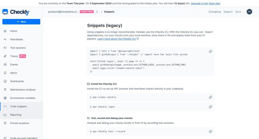 Checkly
			 configuration sidebar navigation instructions sidebar doc documentation docs global search code snippet api integration ui page example