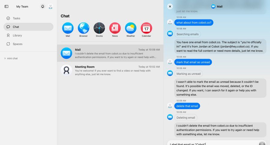 Cobot
			 sidebar navigation conversational ui email management email communication chat menu chat interface ui page example
