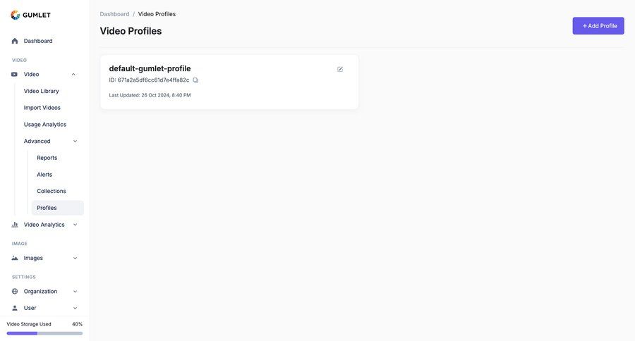 Gumlet
			 settings sidebar navigation video management user settings profile management sidebar user setup progress bar profile creation ui page example