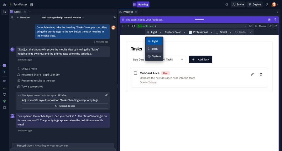 Replit
			 settings features management task communication color theme parameters chat interface ui page example