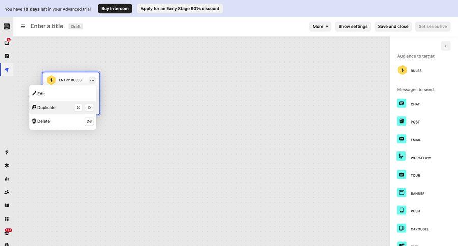 Intercom
			 modal screen configuration grid delete marketing automation drag and drop customer communication sidebar create menu duplicate real-time editing ui page example