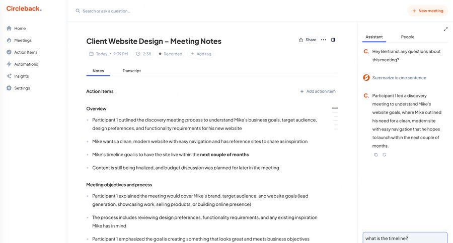 Circleback
			 collaboration sidebar navigation project management content hierarchy menu transcript ui page example