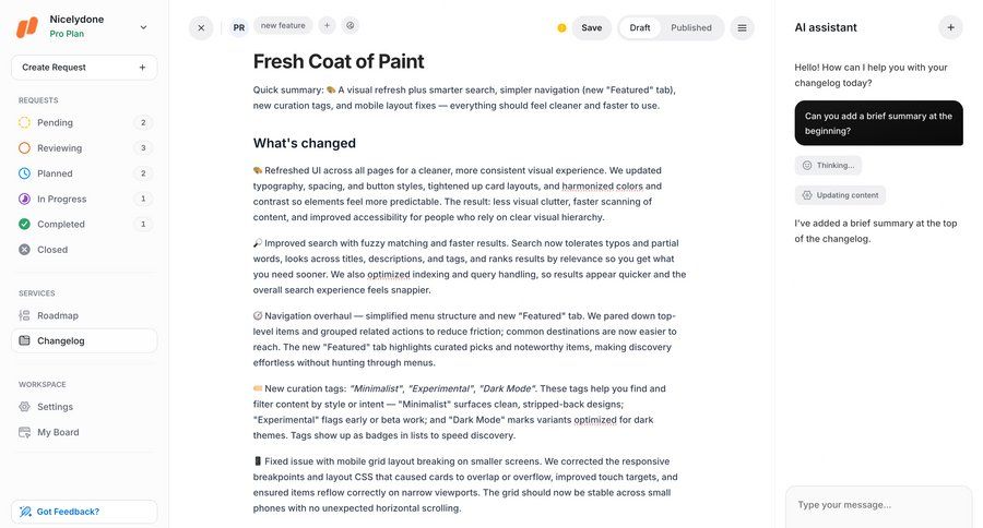 UserJot
			 sidebar message menu changelog chatbot ui page example