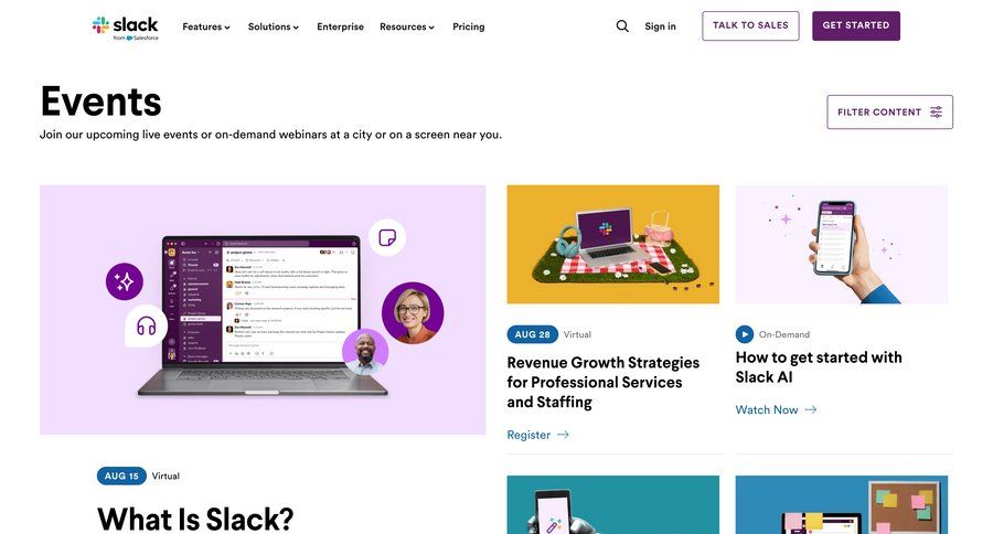 Slack
			events announcement pagination enterprise global search news feed command k ui page example