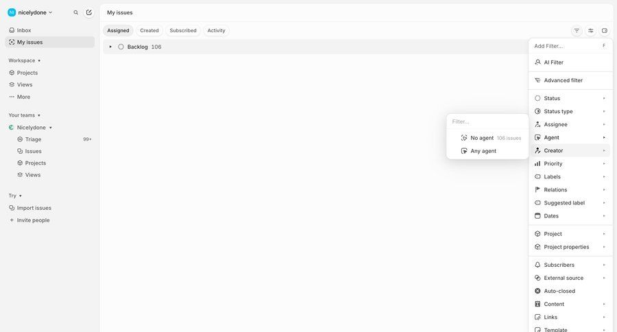 Linear
			 project management sidebar navigation task management advanced search ui page example