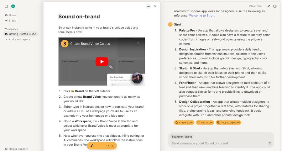 Strut
			 sidebar navigation onboarding design instructions getting started typography color palette call intelligence guide sidebar chat menu inline edit voice real-time editing ui page example