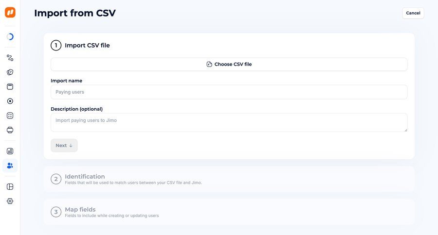 Jimo
			 data management form import data file upload data mapping wizard data import import file import tool import wizard upload file importing data file picker ui page example