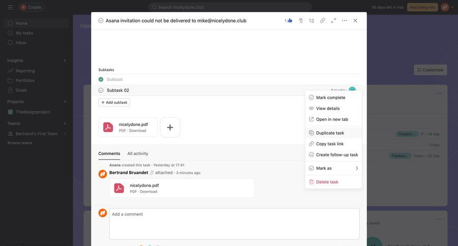 Asana
			 task management modal screen collaboration team collaboration project management user activity file upload attachment product details item details menu file uploader time selector download report avatar upload ui page example