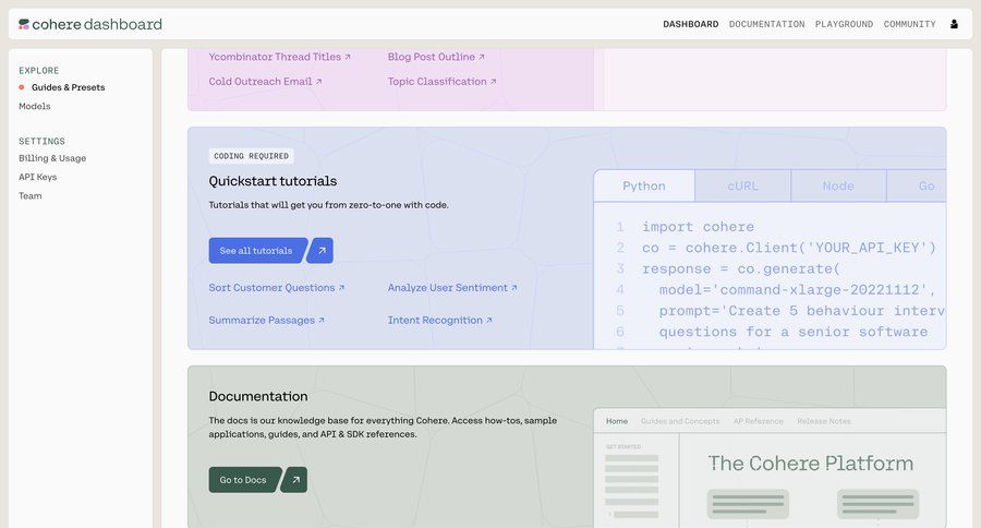 Cohere
			 modern grid sidebar onboarding settings dashboard documentation sidebar navigation code snippet sdk integration artificial intelligence command k ui page example