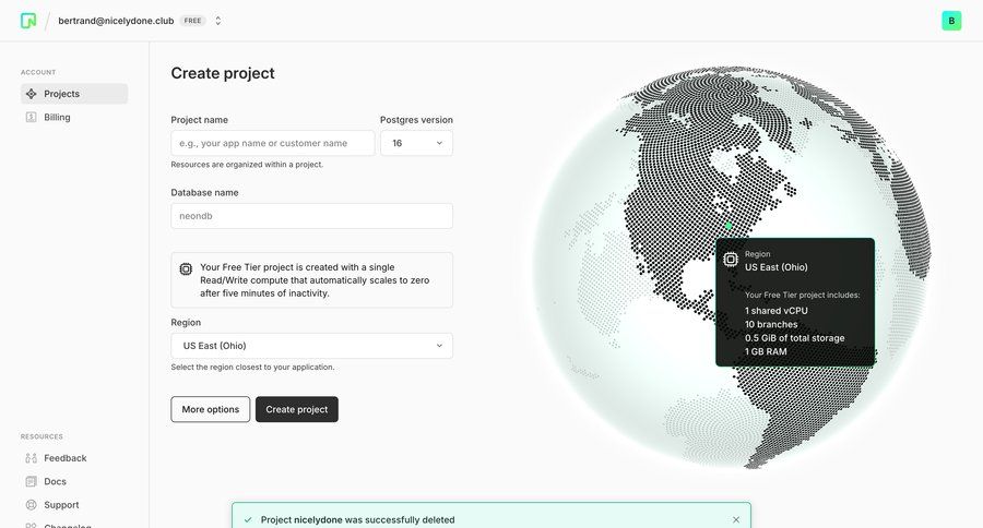 Neon
			 sidebar navigation project management account management form account setup project creation free tier sidebar interactive map modern version control database management ui page example
