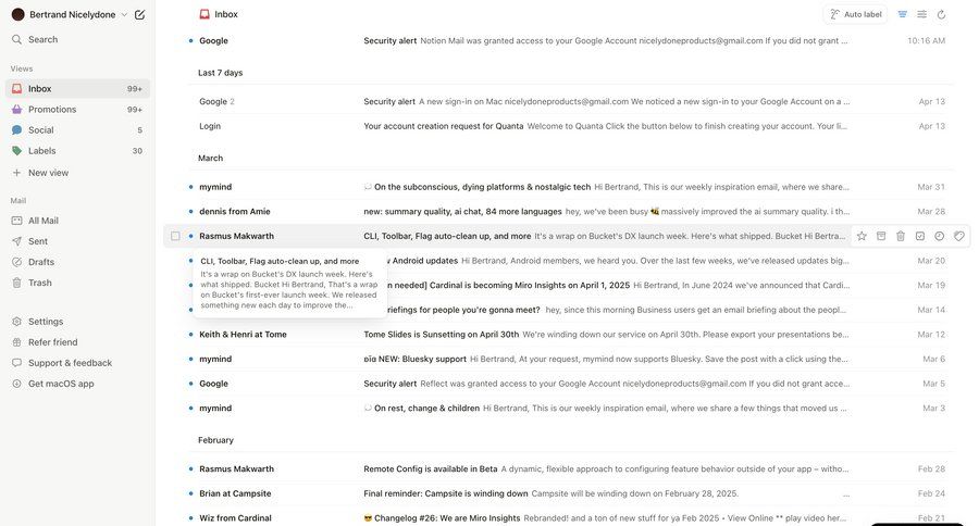 Notion Mail
			 sidebar navigation automation email management task completion minimalist design email inbox sidebar lists communication ui page example