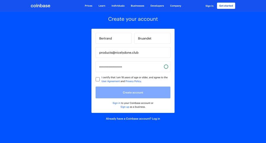 Coinbase
				signup page example