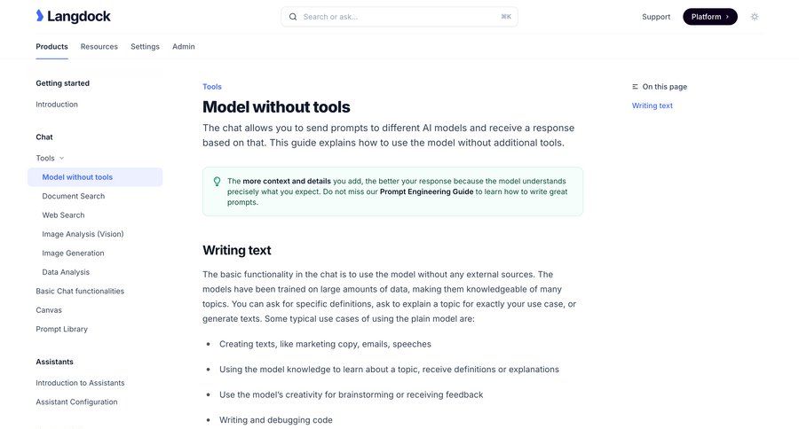 Langdock
			 getting started doc documentation docs prompt completion ui page example