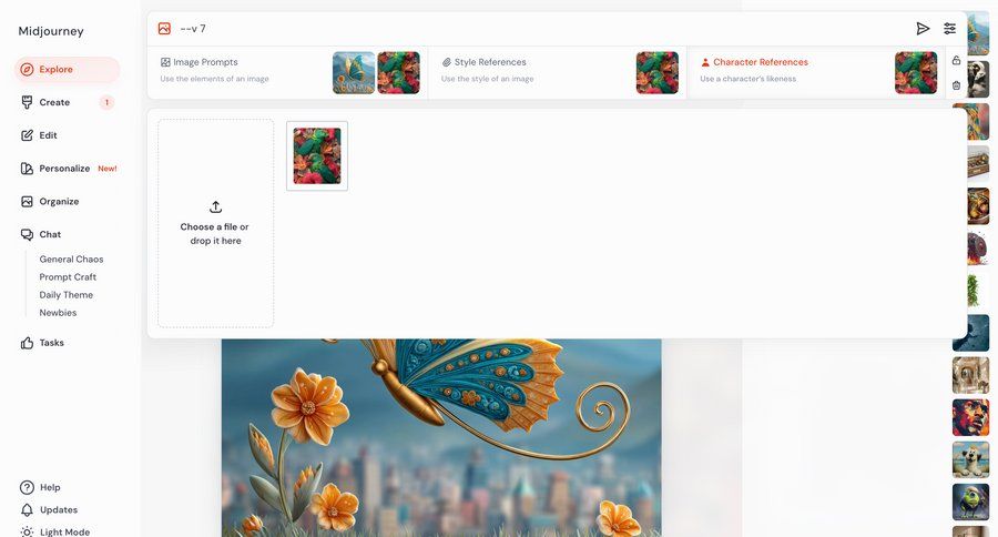 Midjourney
			 dashboard sidebar navigation artificial intelligence grid file upload full-screen layout sidebar create chat upload file ui page example