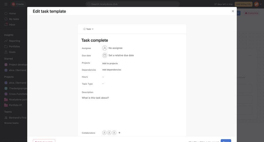 Asana
			 task management modal screen collaboration project management workflow form delete modal dialog radio group collaborators template creation ui page example