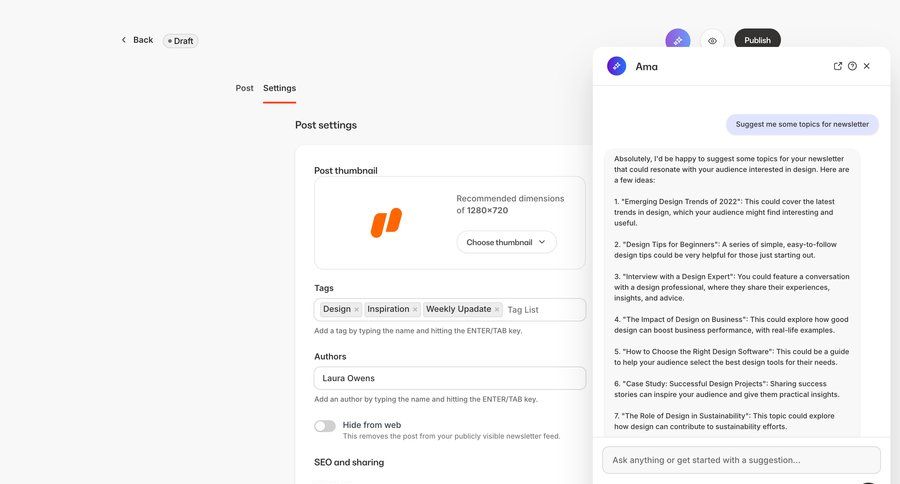 Kajabi
			 design grid content management form suggestion chat interface tagging ai suggestions ui page example
