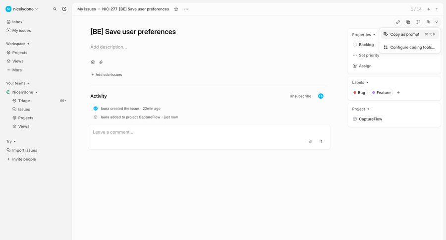 Linear
			detail page team comments & reactions edit project management task management ui page example